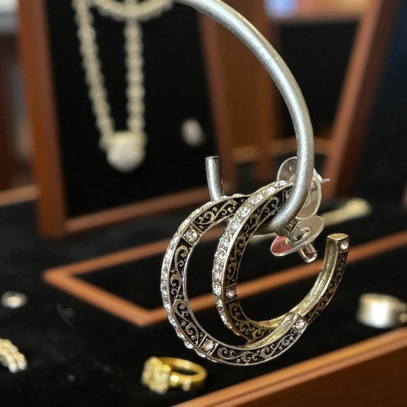 Elegant Black and Gold Tone Rhinestone Hoop Earrings. - Picture 3 of 8